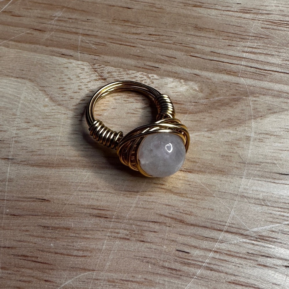 Handmade Rose Quartz Wire Wrapped Ring Gold Tone Size 4.5 Bohemian Gemstone